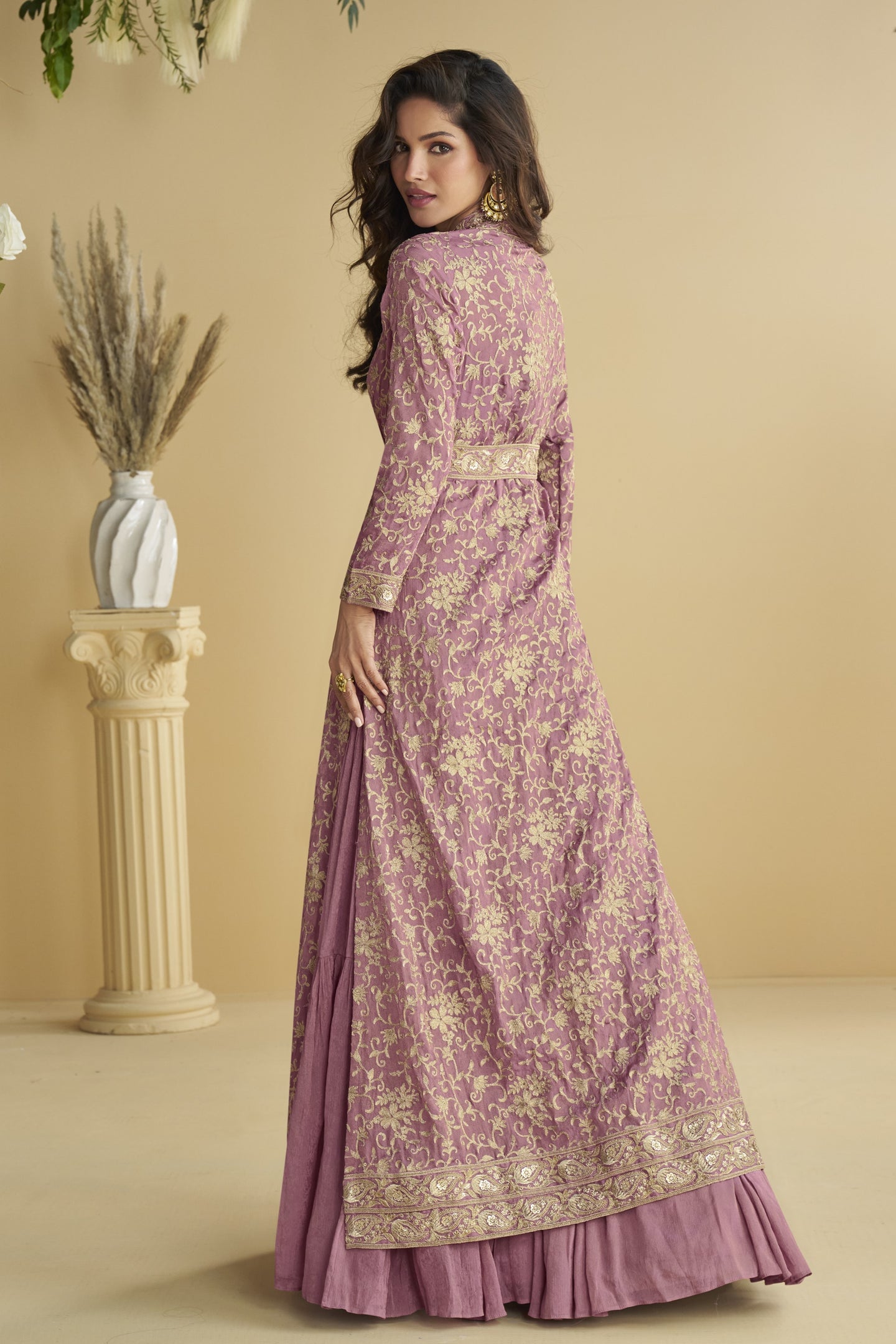 Dark Pink Chinon Silk Anarkali Wear with Jacket and Embroidery