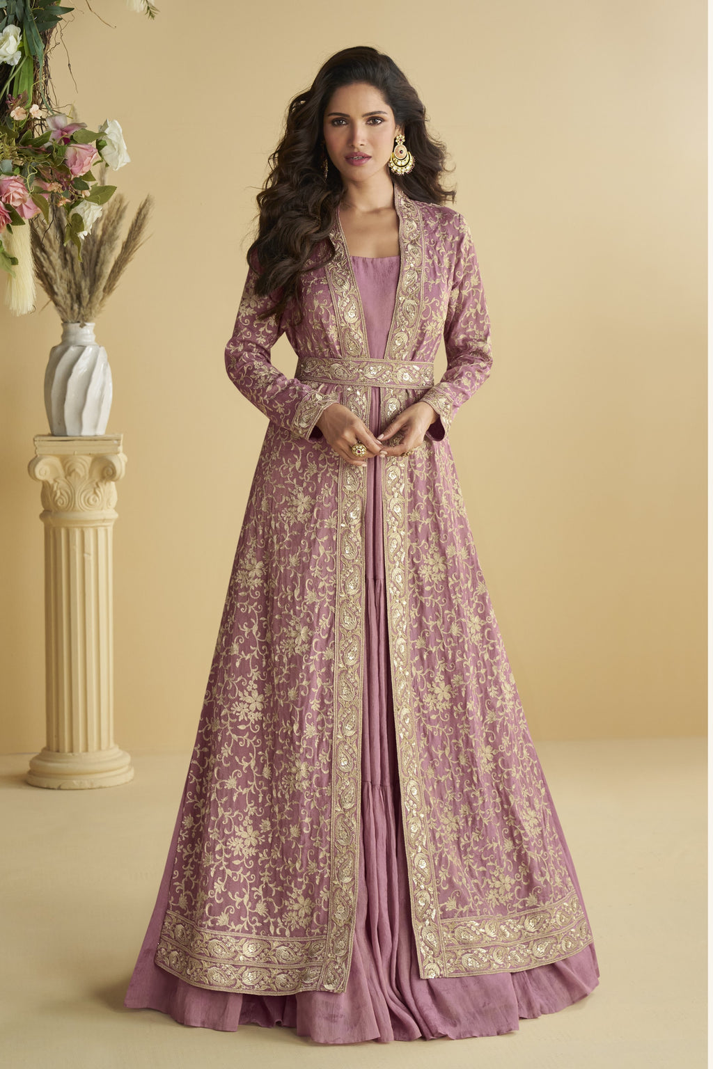 Dark Pink Chinon Silk Anarkali Wear with Jacket and Embroidery