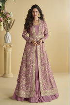 Dark Pink Chinon Silk Anarkali Wear with Jacket and Embroidery