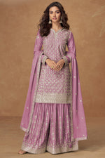 Mauve Chinon Silk Palazzo Suit For Indian & Pakistani Wedding Festival - Embroidery Work
