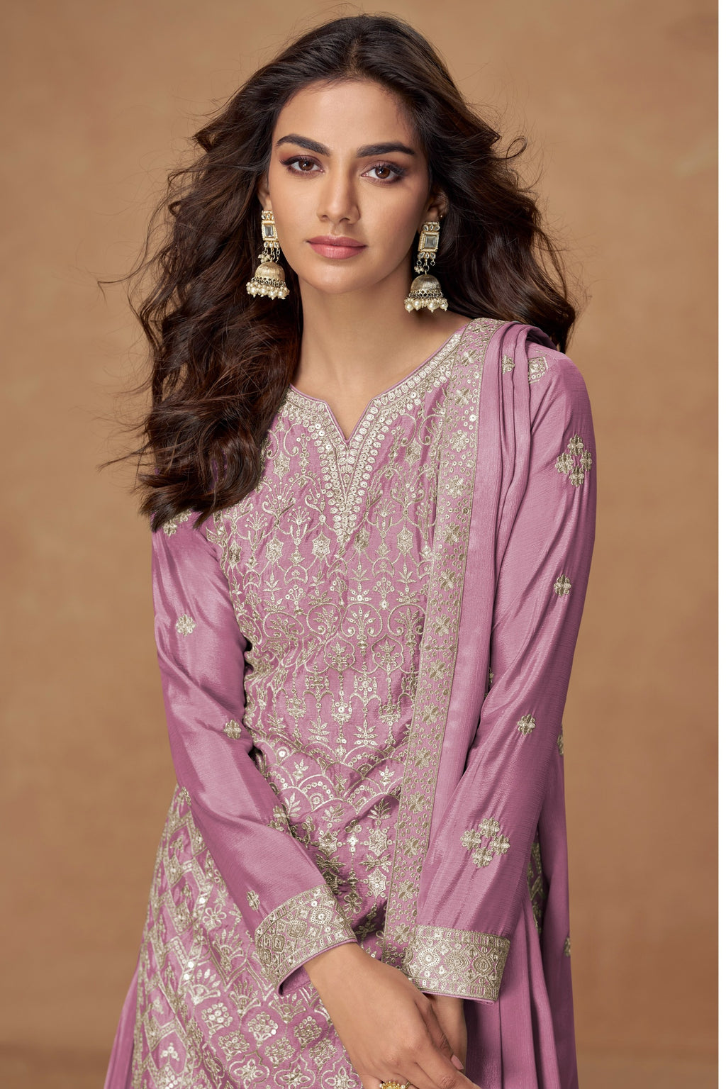 Mauve Chinon Silk Palazzo Suit For Indian & Pakistani Wedding Festival - Embroidery Work