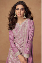 Mauve Chinon Silk Palazzo Suit For Indian & Pakistani Wedding Festival - Embroidery Work