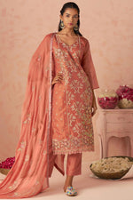 Mauve Taupe Zari Fancy Fabric Silk Kameez With Pant For Indian & Pakistani Wedding Festival - Thread & Sequins Embroidery Work, Moti Work