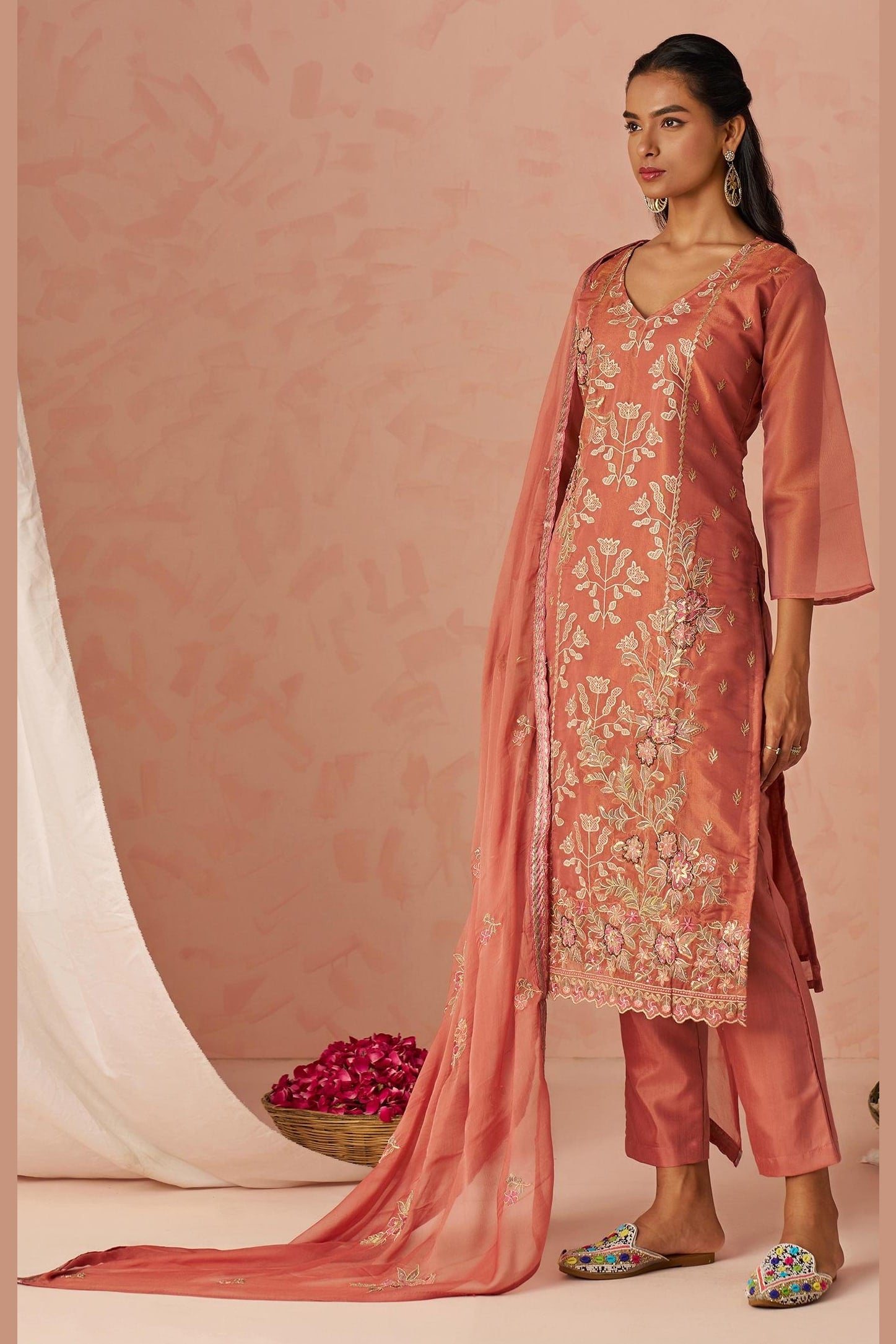 Mauve Taupe Zari Fancy Fabric Silk Kameez With Pant For Indian & Pakistani Wedding Festival - Thread & Sequins Embroidery Work, Moti Work