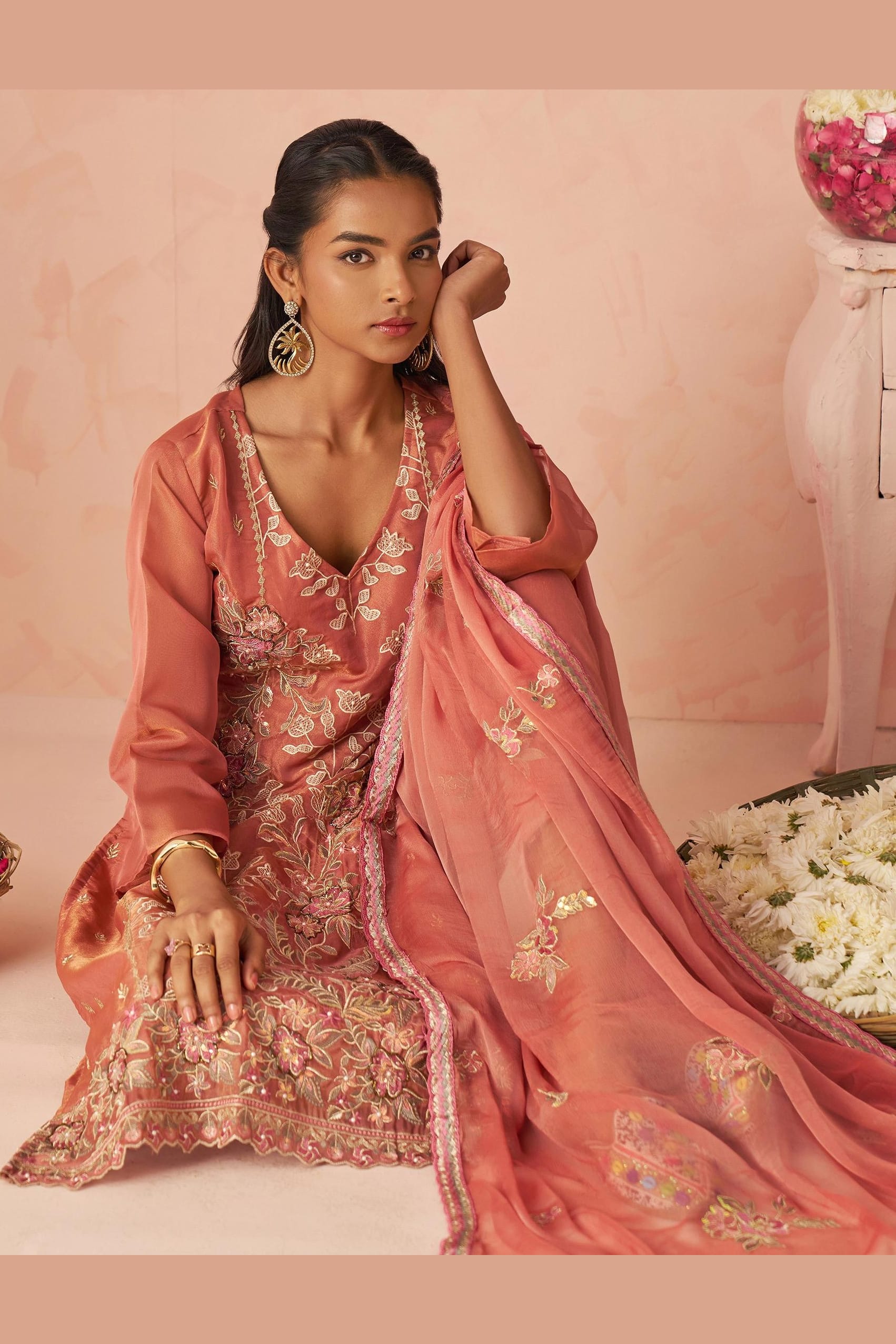 Mauve Taupe Zari Fancy Fabric Silk Kameez With Pant For Indian & Pakistani Wedding Festival - Thread & Sequins Embroidery Work, Moti Work