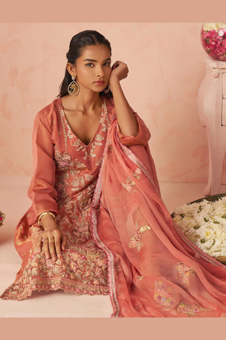 Mauve Taupe Zari Fancy Fabric Silk Kameez With Pant For Indian & Pakistani Wedding Festival - Thread & Sequins Embroidery Work, Moti Work