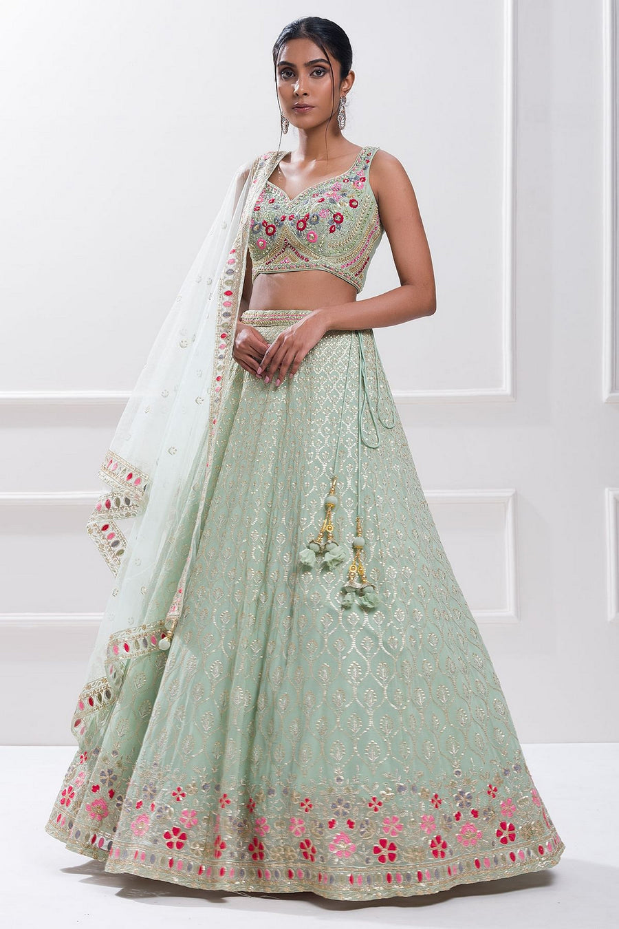 Mint Green Georgette Lehenga Choli For Indian & Pakistani Wedding Festival - Zari Work, Sequence Embroidery Work, Thread Embroidery Work, Real Mirror Work