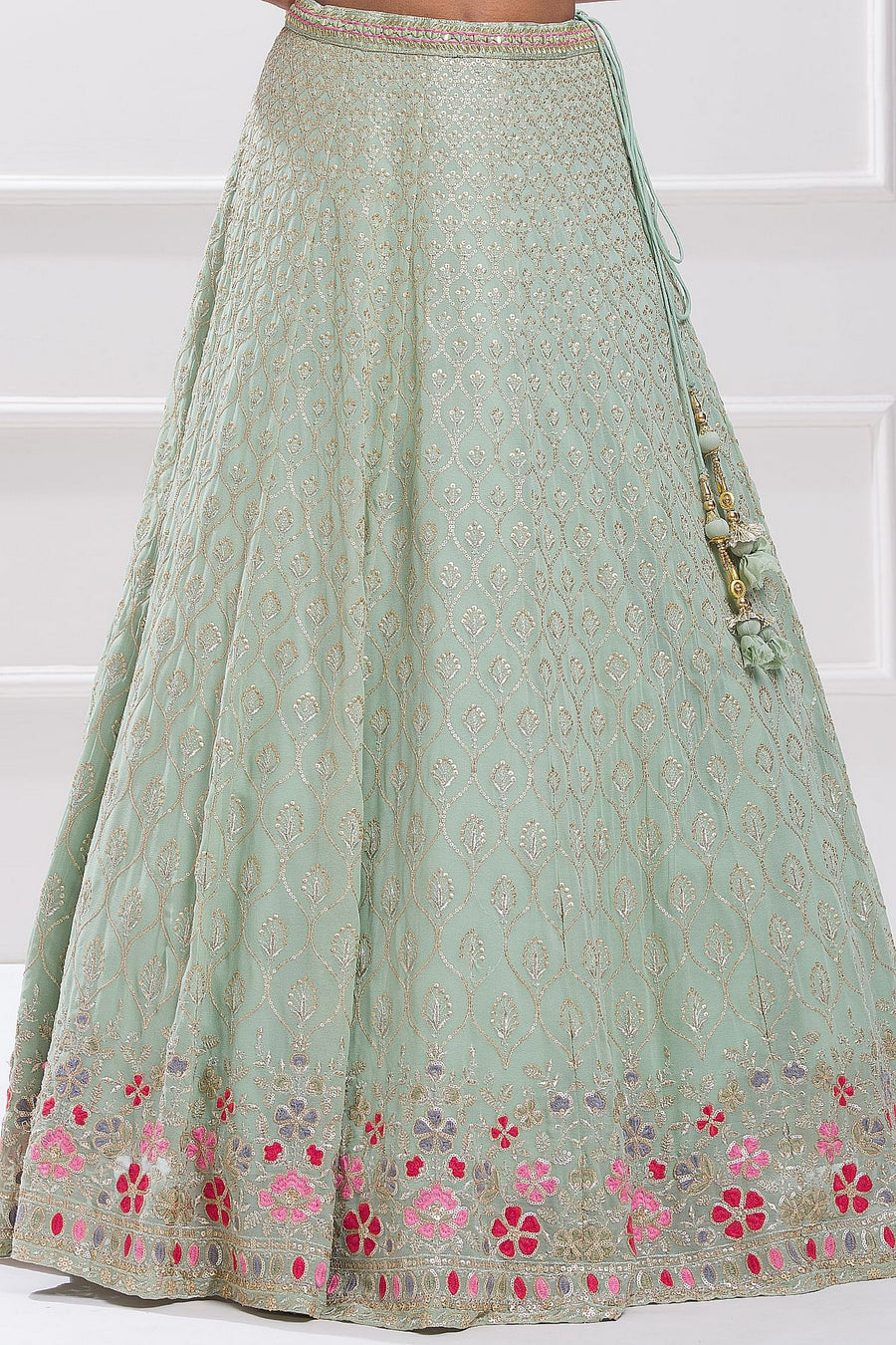 Mint Green Georgette Lehenga Choli For Indian & Pakistani Wedding Festival - Zari Work, Sequence Embroidery Work, Thread Embroidery Work, Real Mirror Work