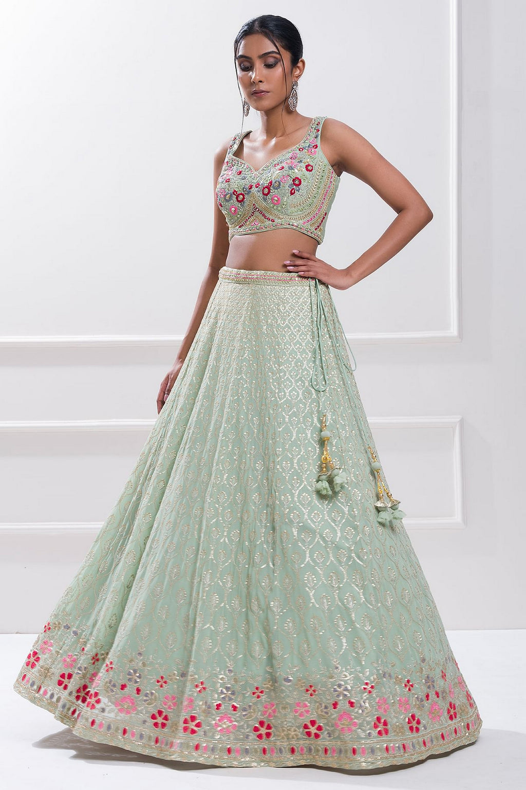 Mint Green Georgette Lehenga Choli For Indian & Pakistani Wedding Festival - Zari Work, Sequence Embroidery Work, Thread Embroidery Work, Real Mirror Work