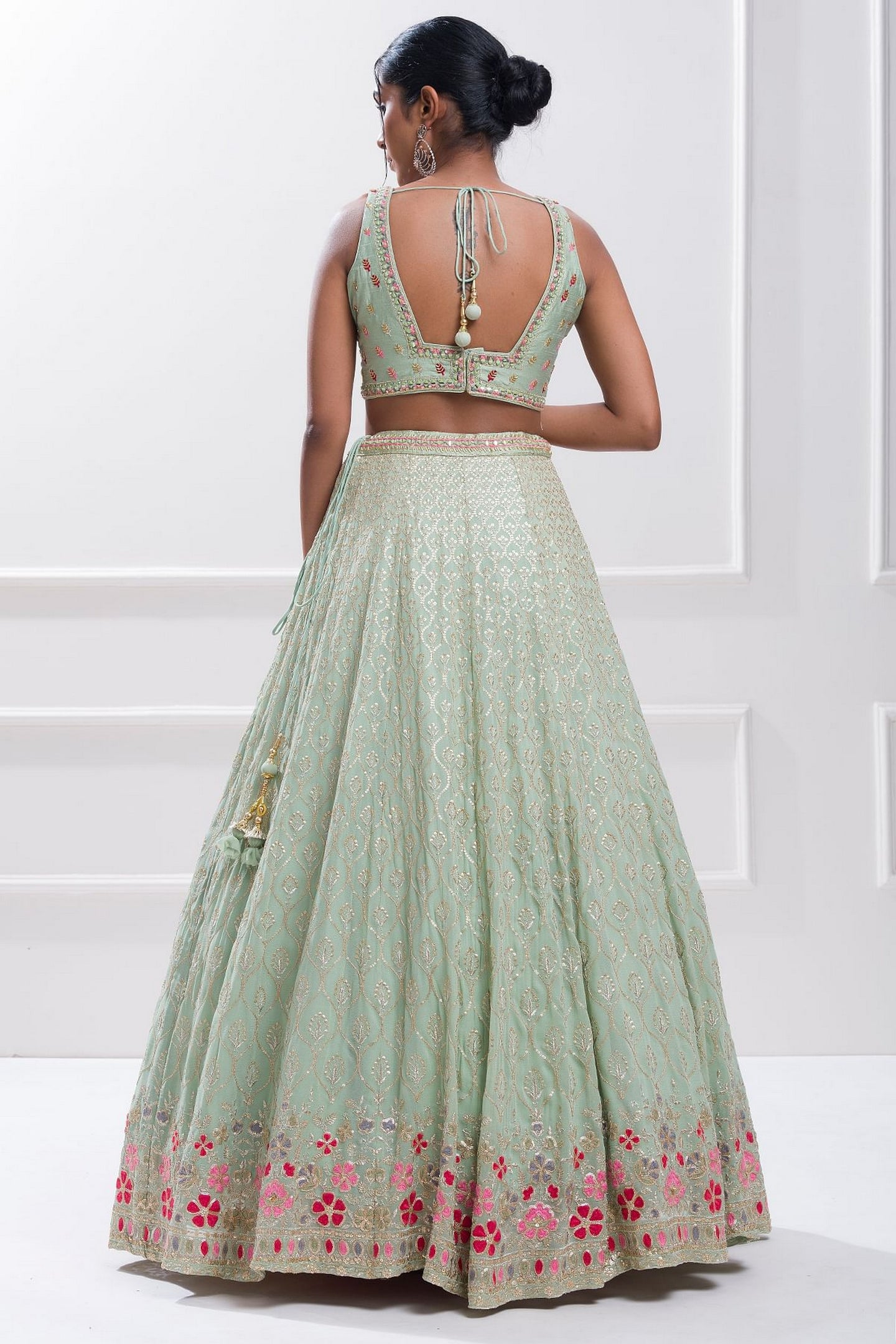 Mint Green Georgette Lehenga Choli For Indian & Pakistani Wedding Festival - Zari Work, Sequence Embroidery Work, Thread Embroidery Work, Real Mirror Work