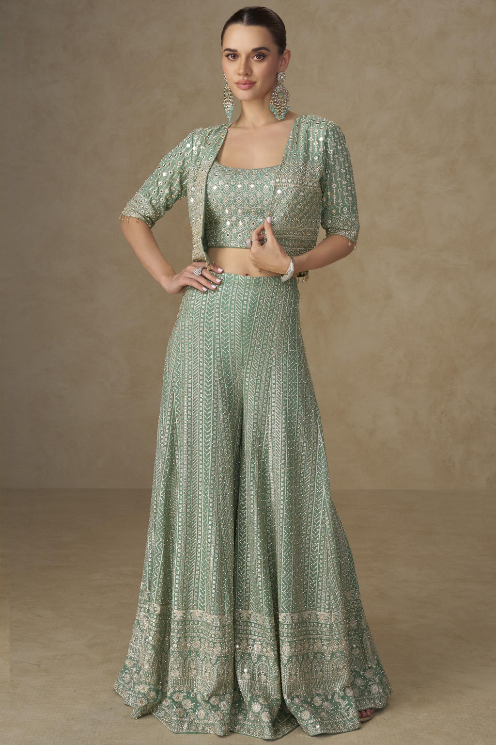 Mint Green Georgette Palazzo Choli With Jacket For Indian & Pakistani Wedding Festival - Sequins Embroidery Work, Stone Work 42 Mint Green Georgette Palazzo Choli With Jacket For Indian & Pakistani Wedding Festival - Sequins Embroidery Work, Stone Work 42