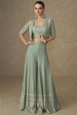 Mint Green Georgette Palazzo Choli With Jacket For Indian & Pakistani Wedding Festival - Sequins Embroidery Work, Stone Work