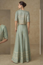 Mint Green Georgette Palazzo Choli With Jacket For Indian & Pakistani Wedding Festival - Sequins Embroidery Work, Stone Work