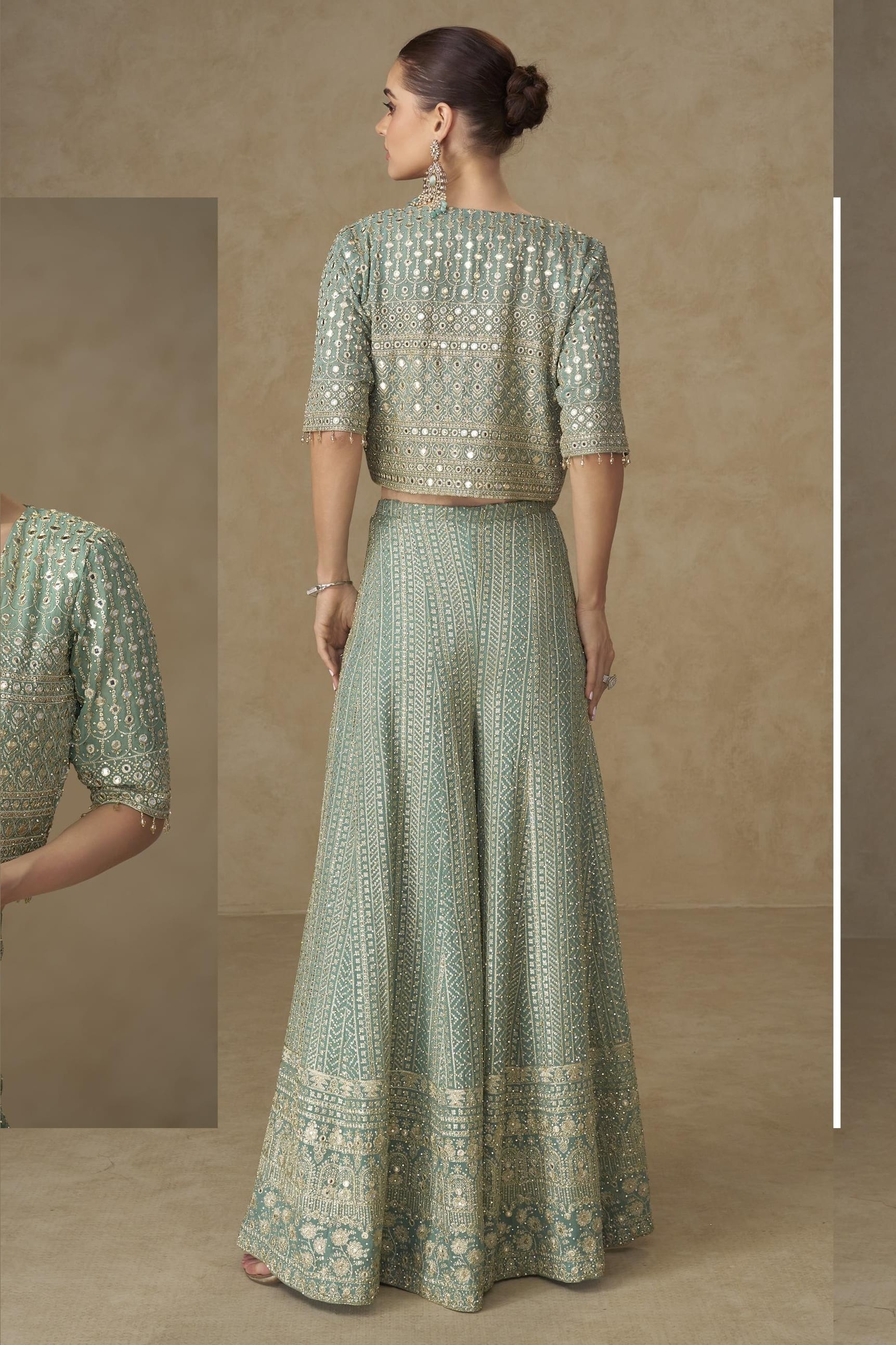 Mint Green Georgette Palazzo Choli With Jacket For Indian & Pakistani Wedding Festival - Sequins Embroidery Work, Stone Work