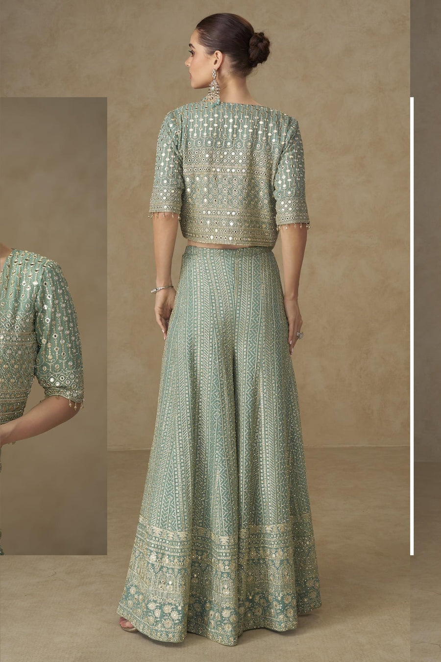 Mint Green Georgette Palazzo Choli With Jacket For Indian & Pakistani Wedding Festival - Sequins Embroidery Work, Stone Work