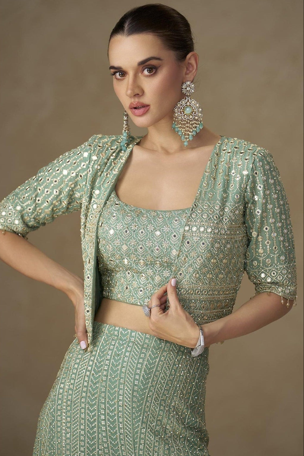 Mint Green Georgette Palazzo Choli With Jacket For Indian & Pakistani Wedding Festival - Sequins Embroidery Work, Stone Work