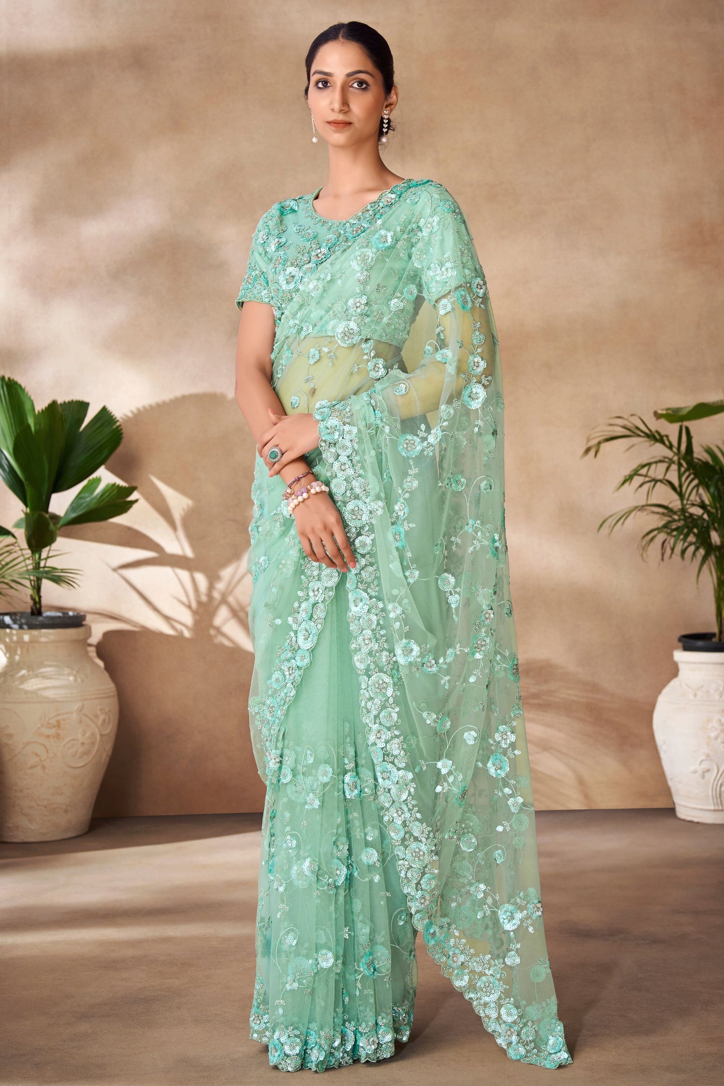 Mint Green Net Indian Saree with Blouse for Festival & Weddings - Sequence Embroidery Work, Thread Embroidery Work, Zarkan Work