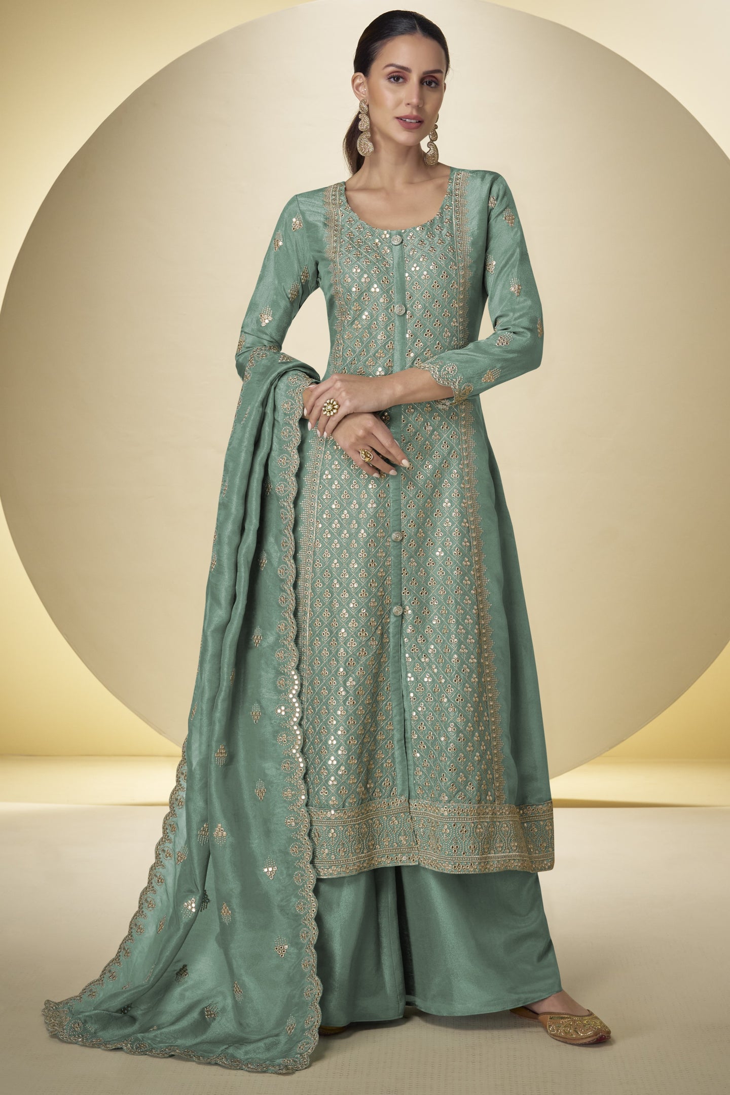 Rama Simmer Silk Embroidery Long Kameez with Plazo