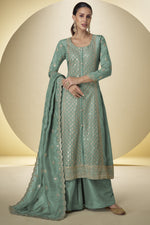 Mint Green Simmer Silk Embroidered Long Kameez with Plazo
