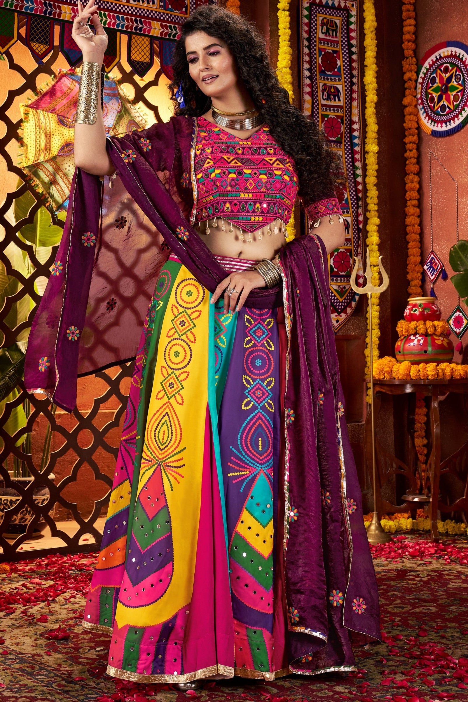 Multicolor Art Silk Festival Indian Navaratri Garba Chaniya Choli 9 Meter Flair - Real Mirror Work, Thread Embroidery Work, Print Work