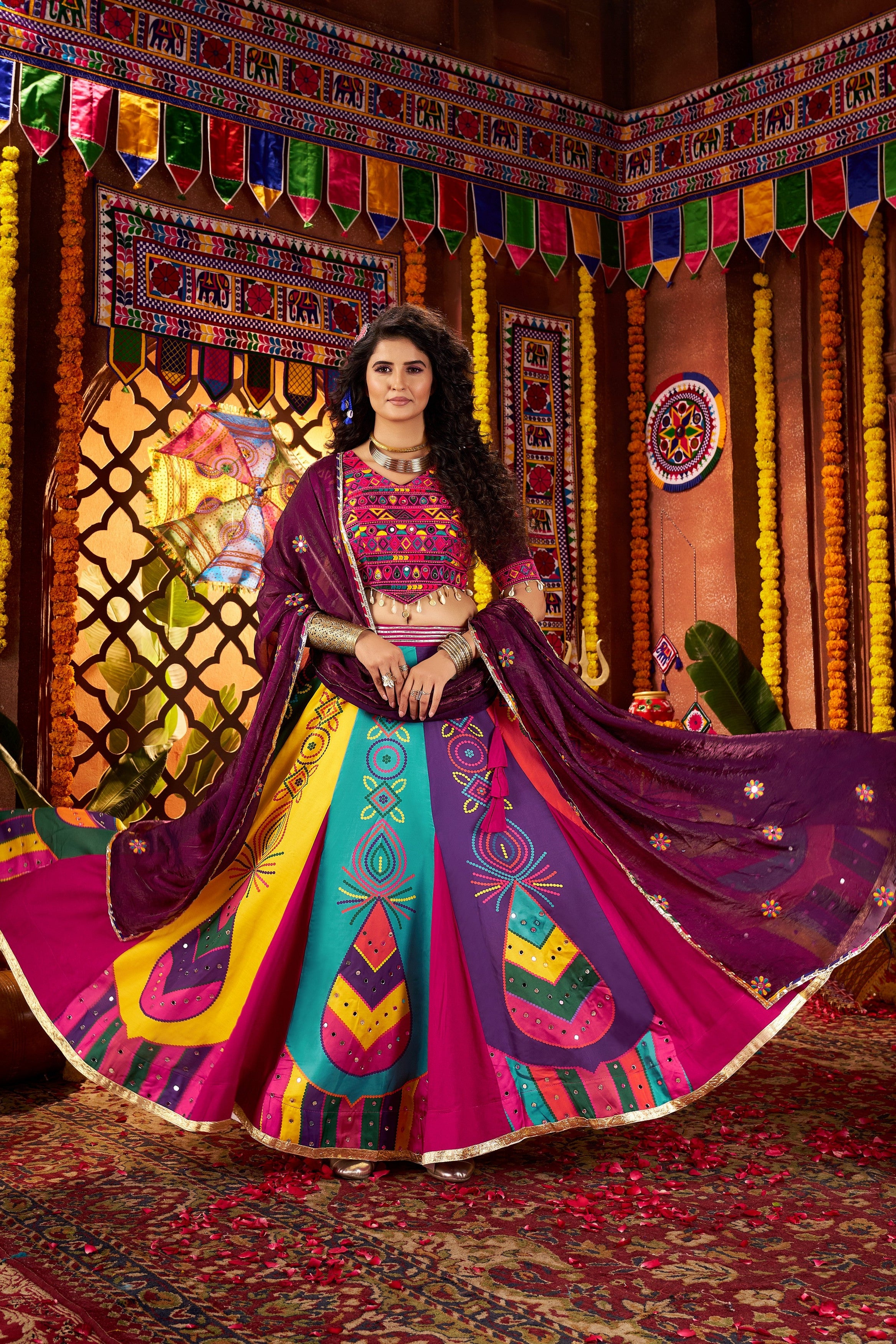 Multicolor Art Silk Festival Indian Navaratri Garba Chaniya Choli 9 Meter Flair - Real Mirror Work, Thread Embroidery Work, Print Work