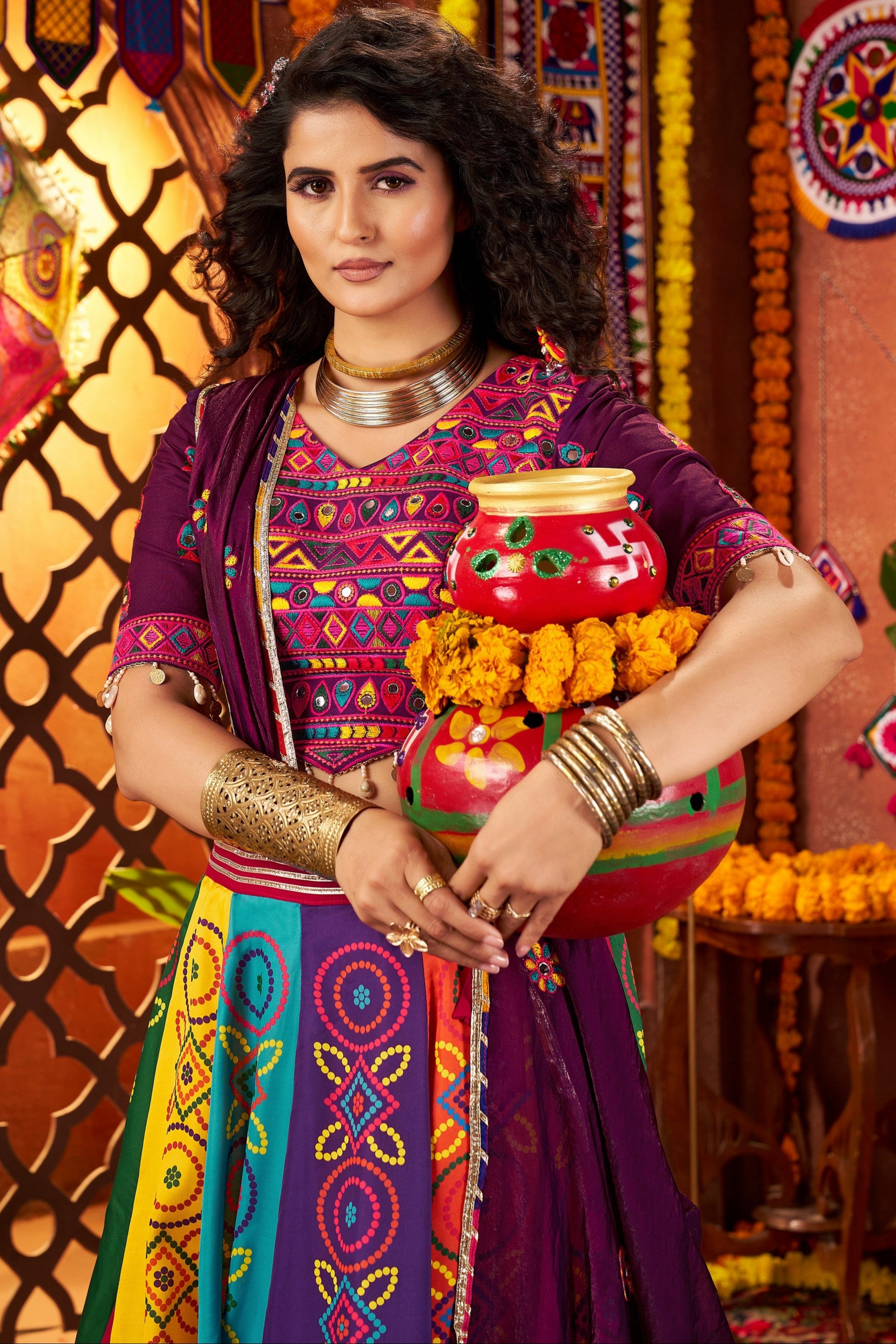 Multicolor Art Silk Festival Indian Navaratri Garba Chaniya Choli 9 Meter Flair - Real Mirror Work, Thread Embroidery Work, Print Work