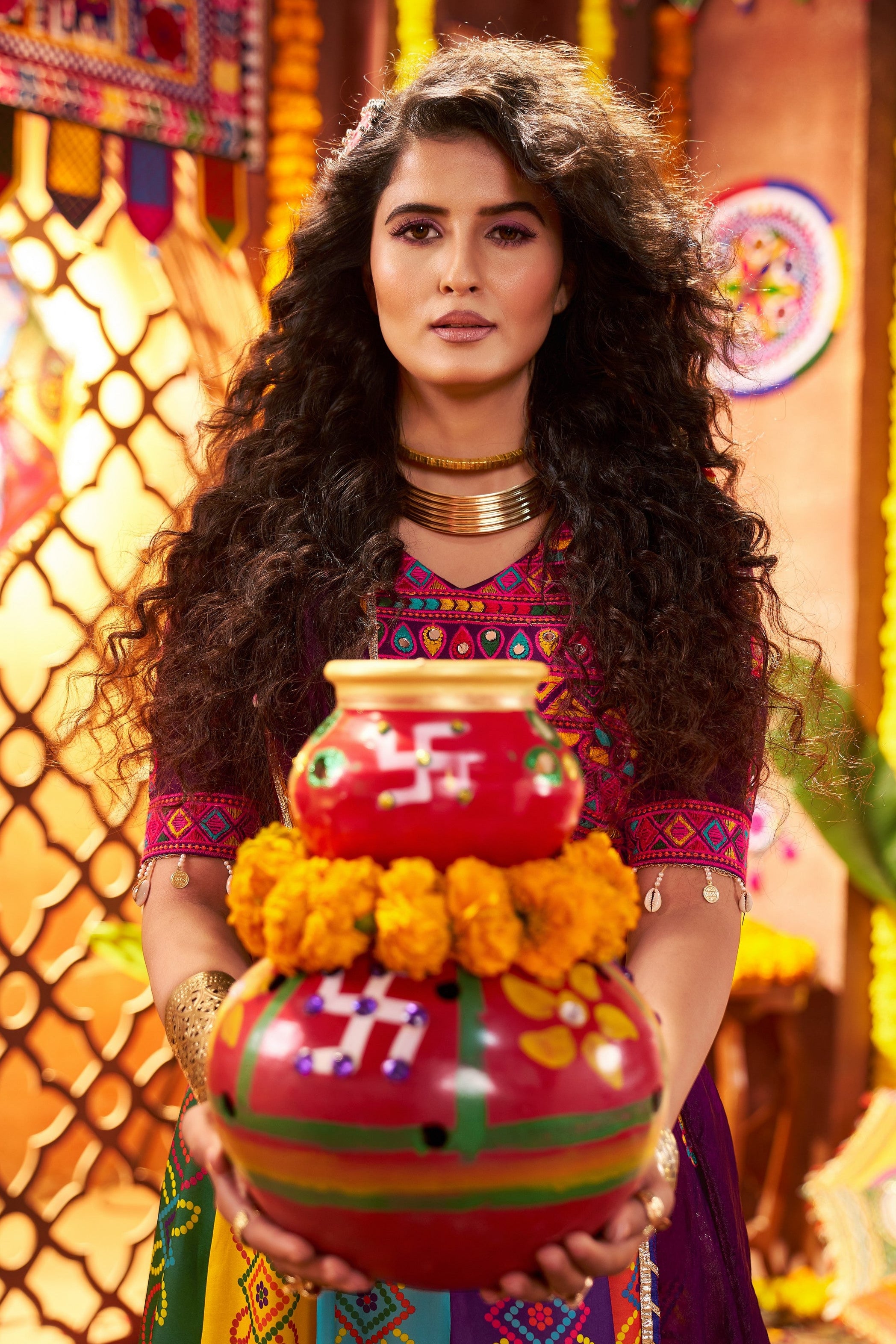 Multicolor Art Silk Festival Indian Navaratri Garba Chaniya Choli 9 Meter Flair - Real Mirror Work, Thread Embroidery Work, Print Work