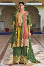 Multicolor Chinon Silk Plazo For Indian Festivals & Weddings - Embroidery Work