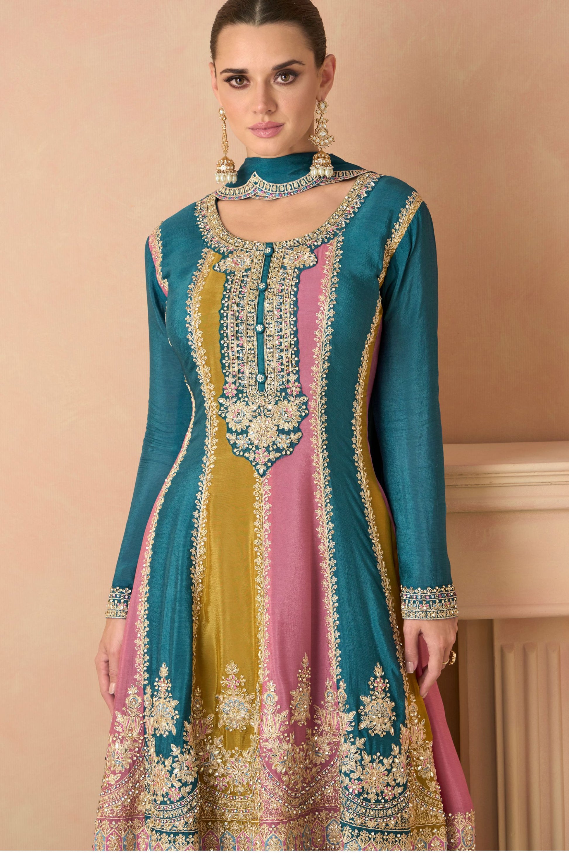 Multicolor Chinon Silk Plazo Suit For Indian Festivals & Pakistani Weddings - Embroidery Work