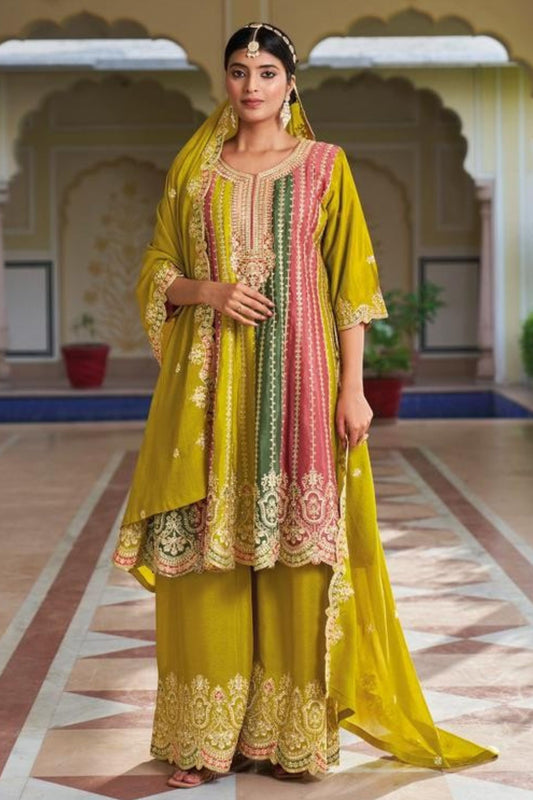 Multicolor Chinon Silk Salwar Suit Kameez For Indian Festivals & Weddings - Embroidery Work