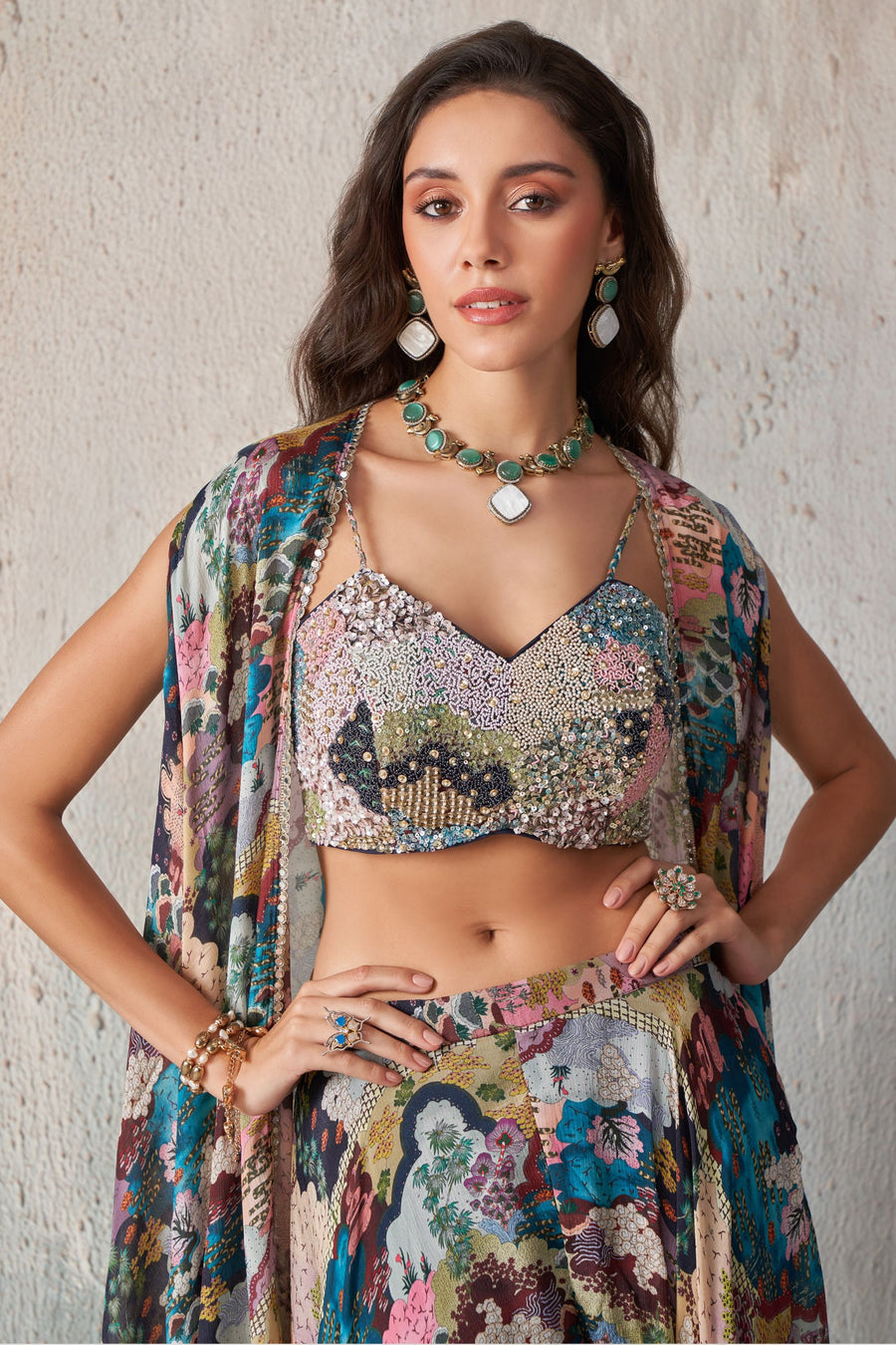 Multicolor Chinon Silk Sleeveless Choli Plazo For Indian Festivals & Weddings - Print Work, Khatli Work, Sequence Embroidery Work, Resham Work, Cut Dana Work, Moti Work Copy