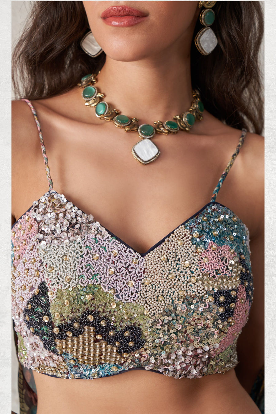 Multicolor Chinon Silk Sleeveless Choli Plazo For Indian Festivals & Weddings - Print Work, Khatli Work, Sequence Embroidery Work, Resham Work, Cut Dana Work, Moti Work Copy