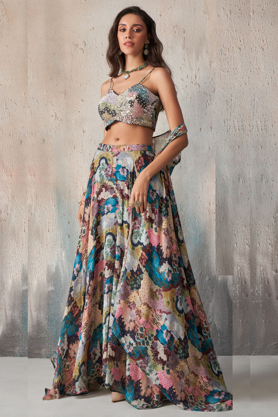 Multicolor Chinon Silk Sleeveless Choli Plazo For Indian Festivals & Weddings - Print Work, Khatli Work, Sequence Embroidery Work, Resham Work, Cut Dana Work, Moti Work Copy