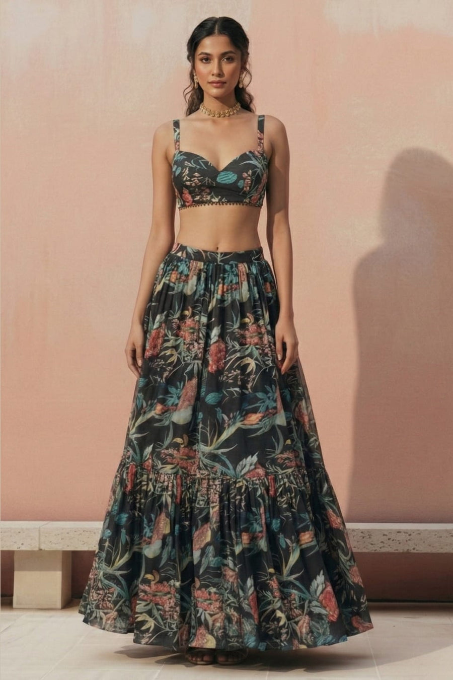 Multicolor Georgette Sleeveless Lehenga Choli For Indian & Pakistani Wedding Festival - Print Work