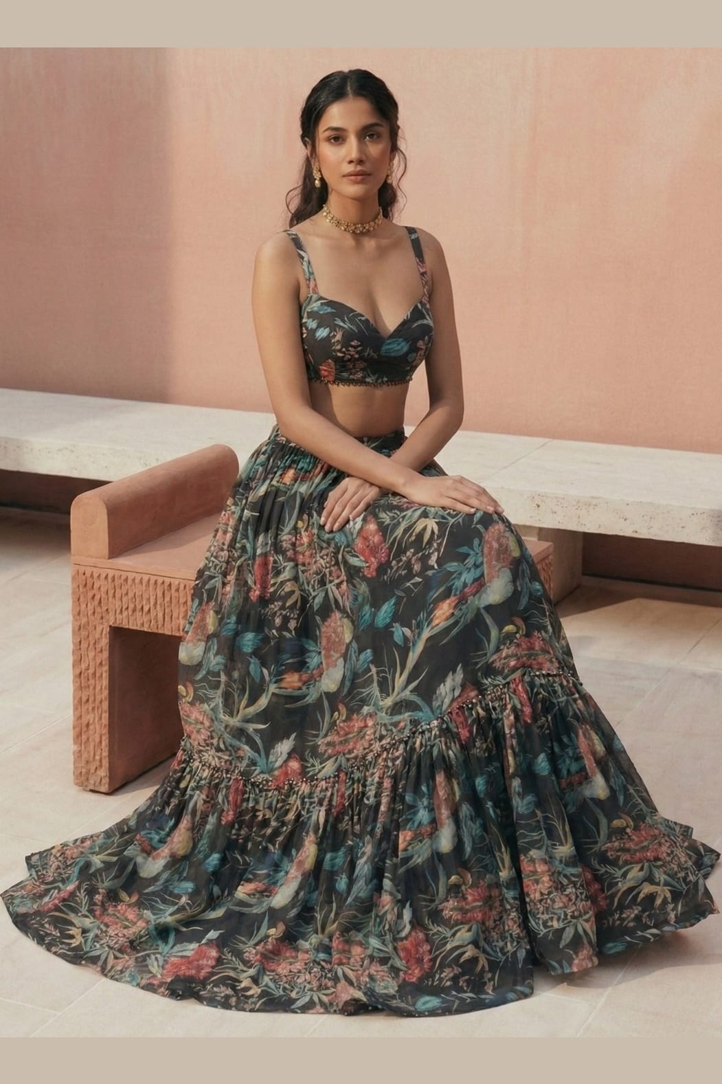 Multicolor Georgette Sleeveless Lehenga Choli For Indian & Pakistani Wedding Festival - Print Work