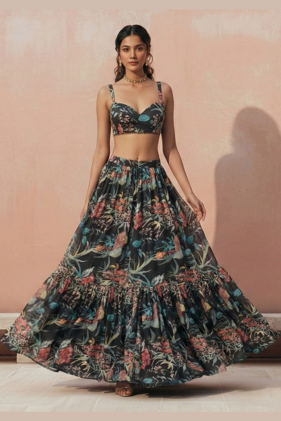 Multicolor Georgette Sleeveless Lehenga Choli For Indian & Pakistani Wedding Festival - Print Work