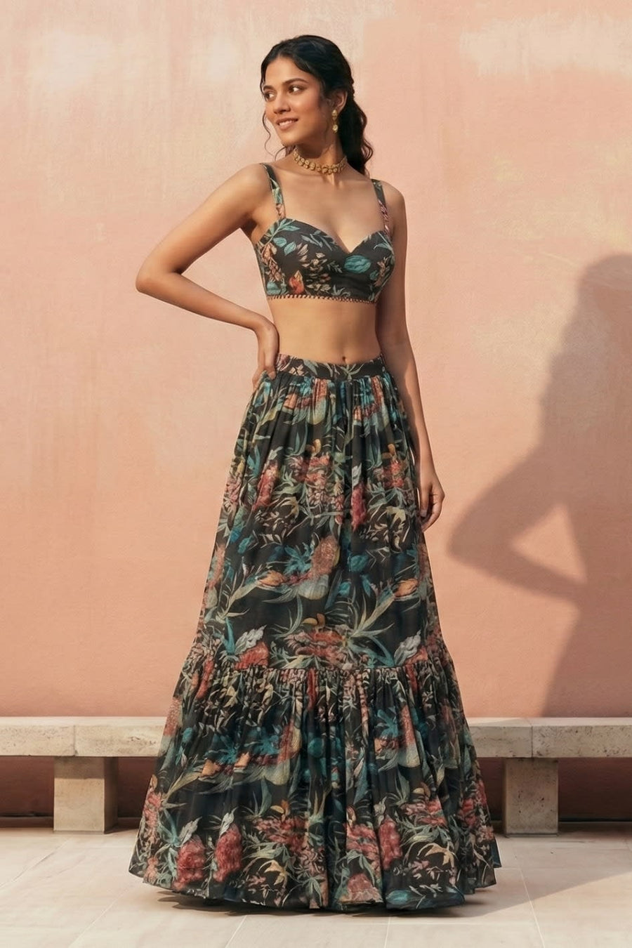 Multicolor Georgette Sleeveless Lehenga Choli For Indian & Pakistani Wedding Festival - Print Work