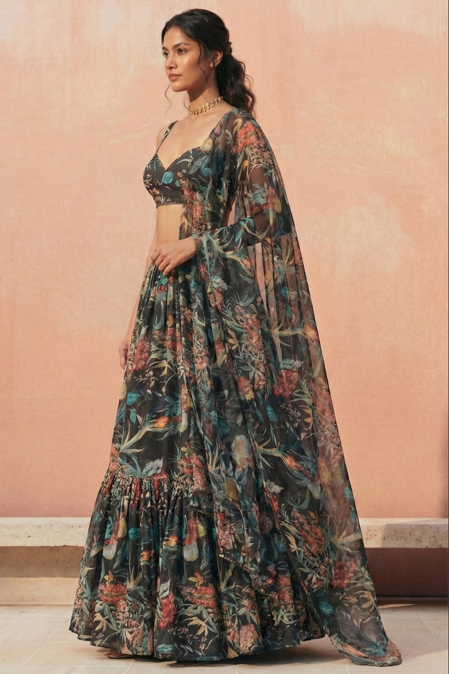 Multicolor Georgette Sleeveless Lehenga Choli For Indian & Pakistani Wedding Festival - Print Work