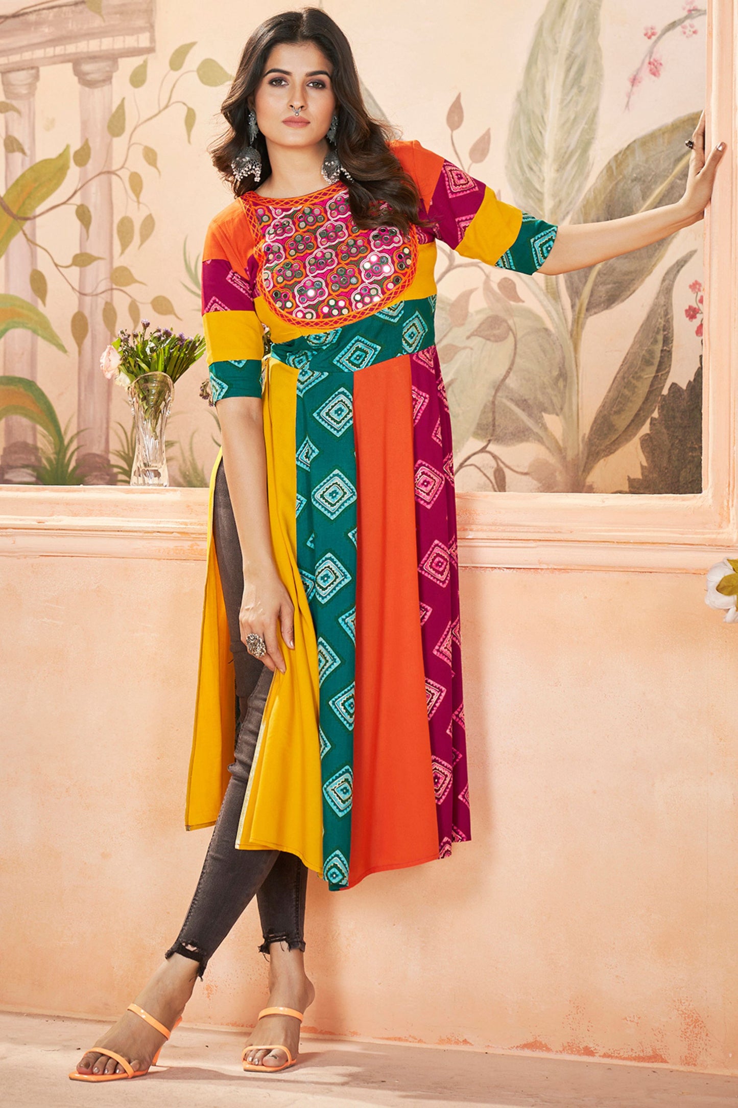 Multicolor Rayon Kurti For Navratri Garba Festivals JEANS NOT INCLUDED - Embroidery Work, Print Work