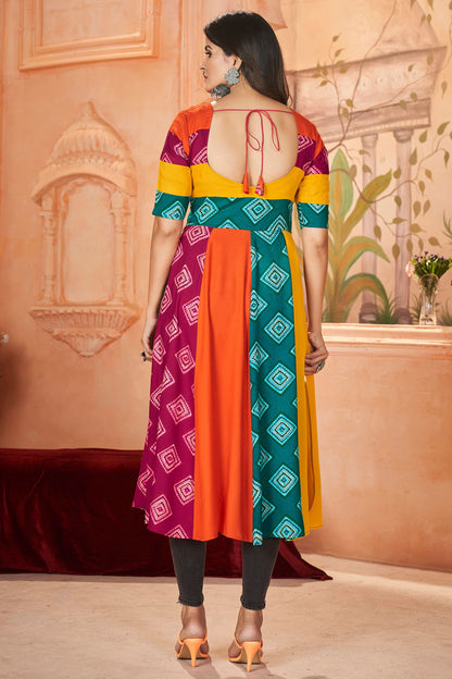 Multicolor Rayon Kurti For Navratri Garba Festivals JEANS NOT INCLUDED - Embroidery Work, Print Work