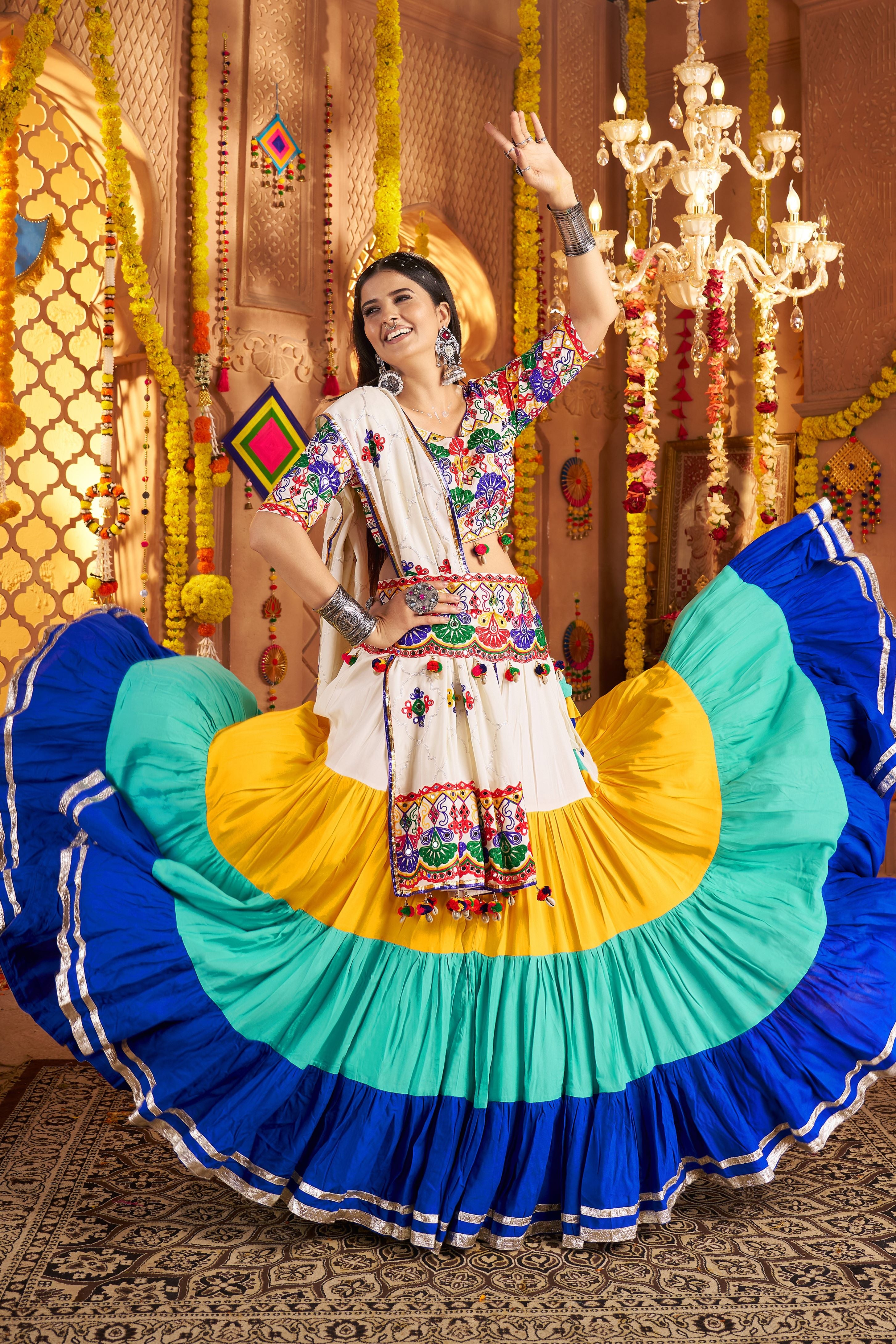 Multicolor Viscose Cotton Chaniya Choli For Navratri Garba Indian Festivals 8 Meter Flair - Real Mirror Work, Thread Embroidery Work