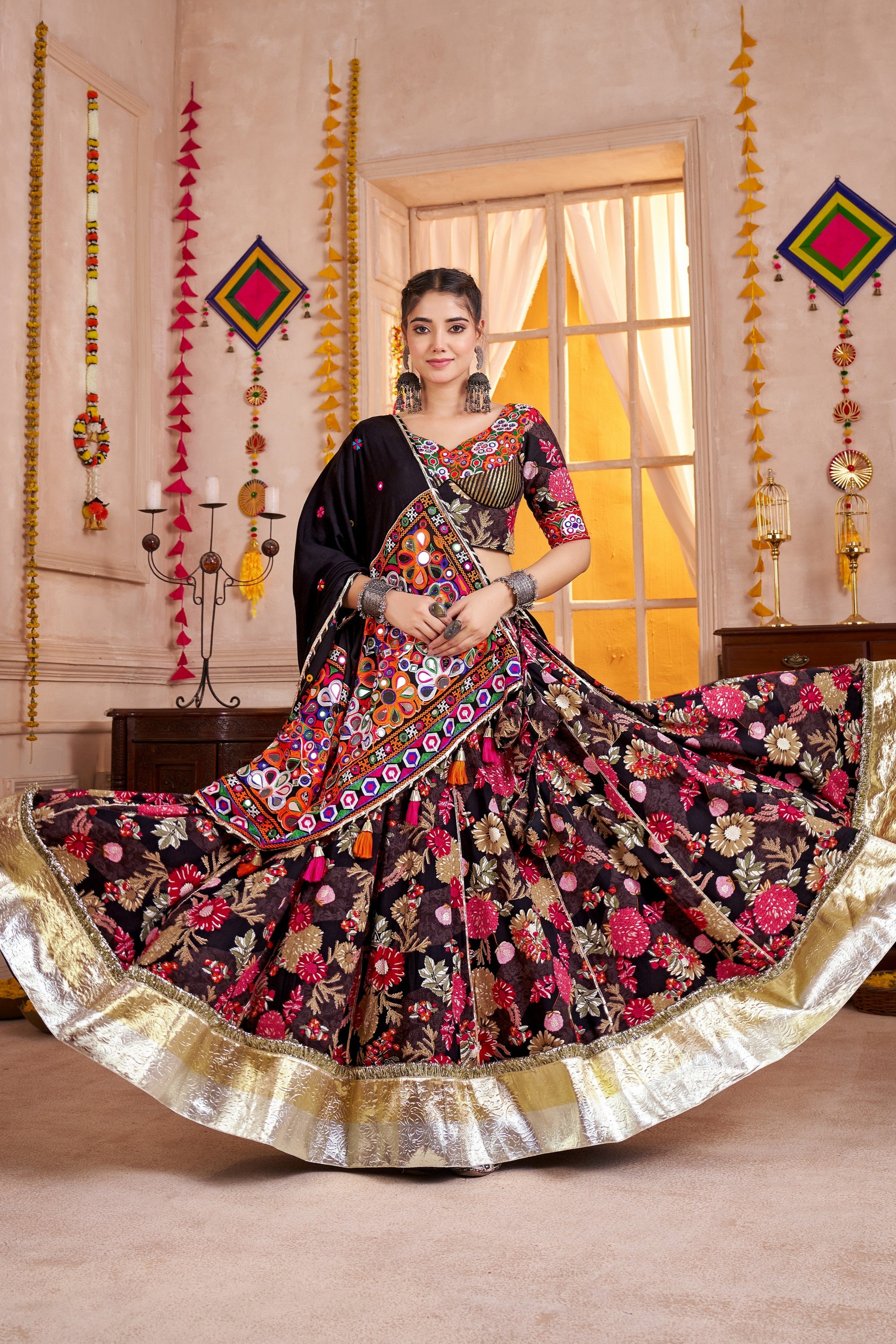 Multicolor Viscose Cotton Chaniya Choli For Navratri Garba Indian Festival 9 Meter Flair - Print Work, Thread Embroidery Work, Real Mirror Work, Kutchi Patch Work
