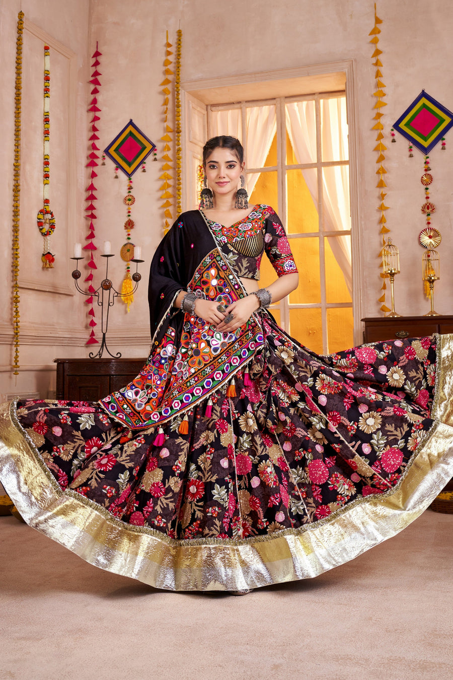 Multicolor Viscose Cotton Chaniya Choli For Navratri Garba Indian Festival 9 Meter Flair - Print Work, Thread Embroidery Work, Real Mirror Work, Kutchi Patch Work
