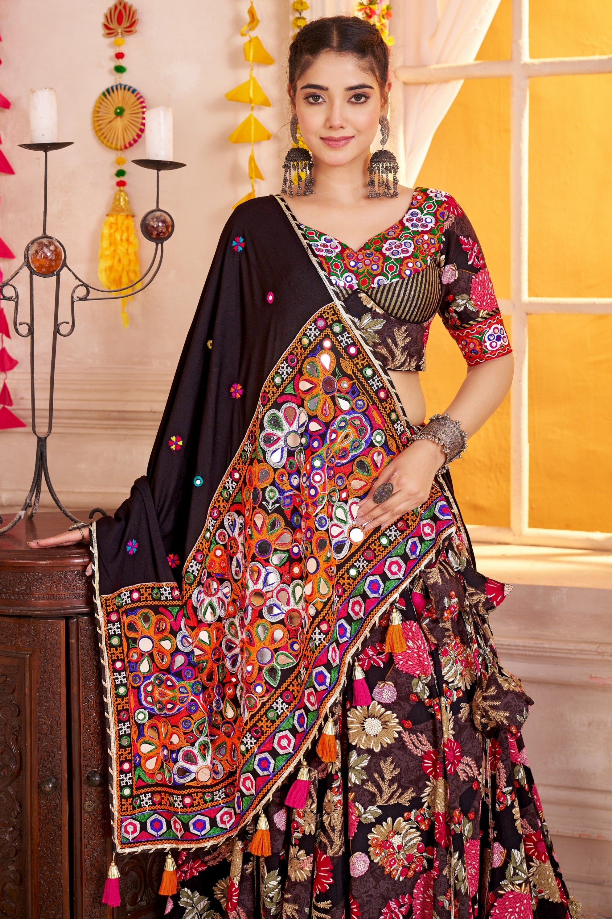 Multicolor Viscose Cotton Chaniya Choli For Navratri Garba Indian Festival 9 Meter Flair - Print Work, Thread Embroidery Work, Real Mirror Work, Kutchi Patch Work