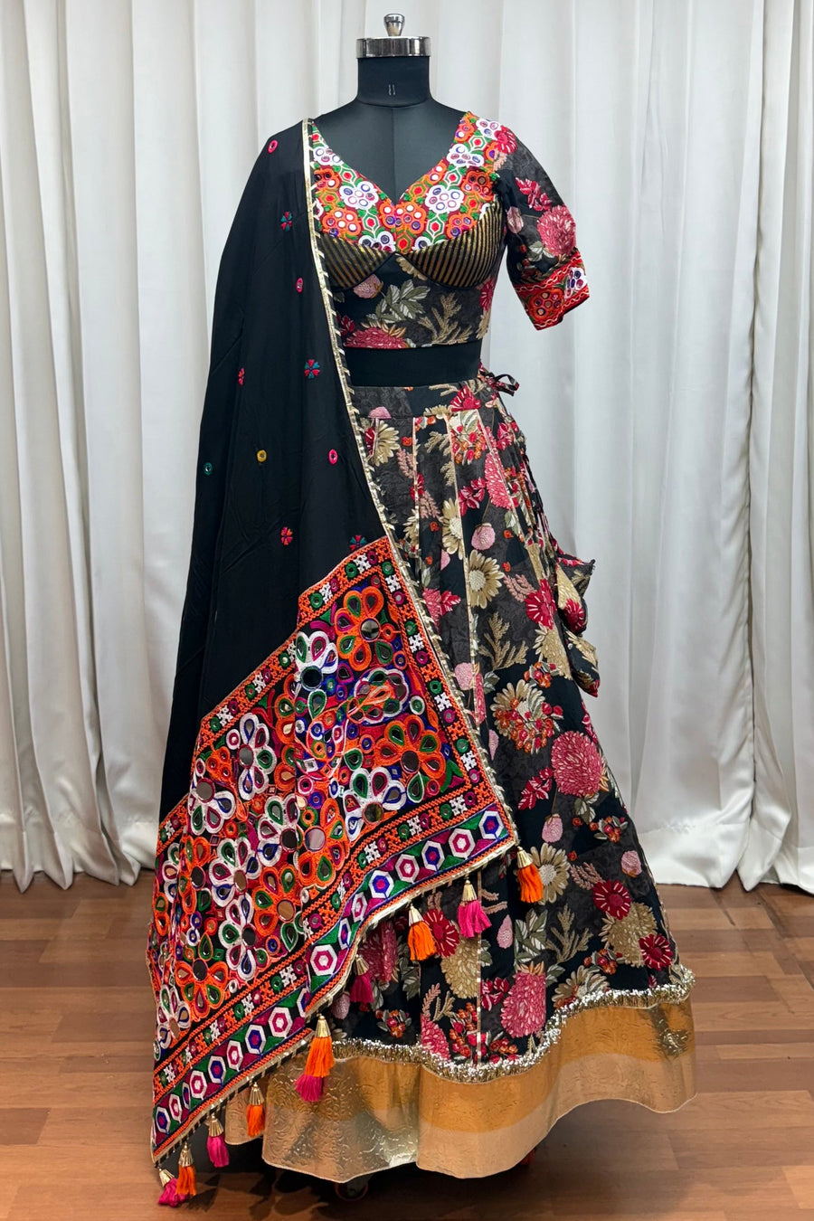 Multicolor Viscose Cotton Chaniya Choli For Navratri Garba Indian Festival 9 Meter Flair - Print Work, Thread Embroidery Work, Real Mirror Work, Kutchi Patch Work