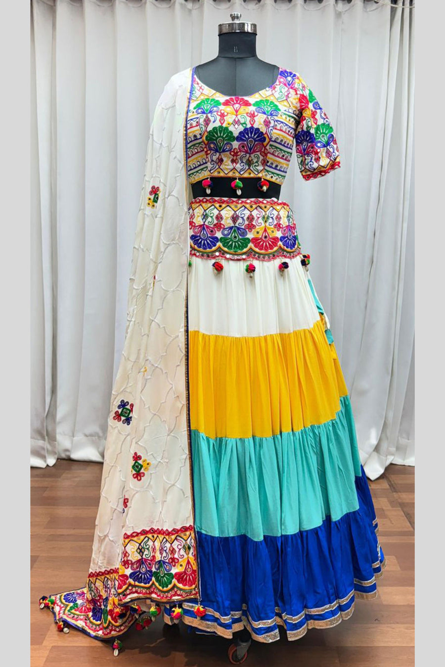 Multicolor Viscose Cotton Chaniya Choli For Navratri Garba Indian Festivals 8 Meter Flair - Real Mirror Work, Thread Embroidery Work