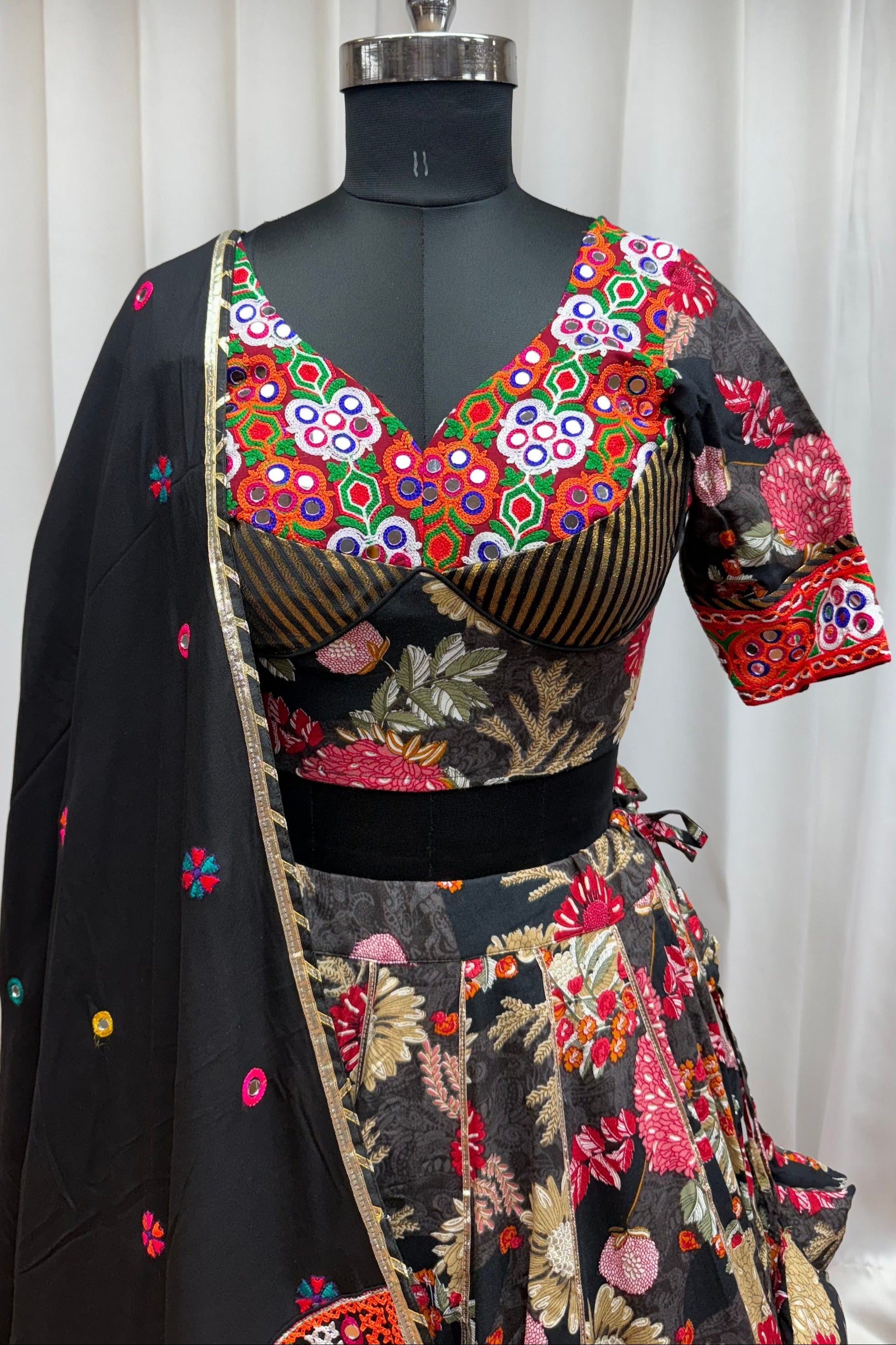 Multicolor Viscose Cotton Chaniya Choli For Navratri Garba Indian Festival 9 Meter Flair - Print Work, Thread Embroidery Work, Real Mirror Work, Kutchi Patch Work