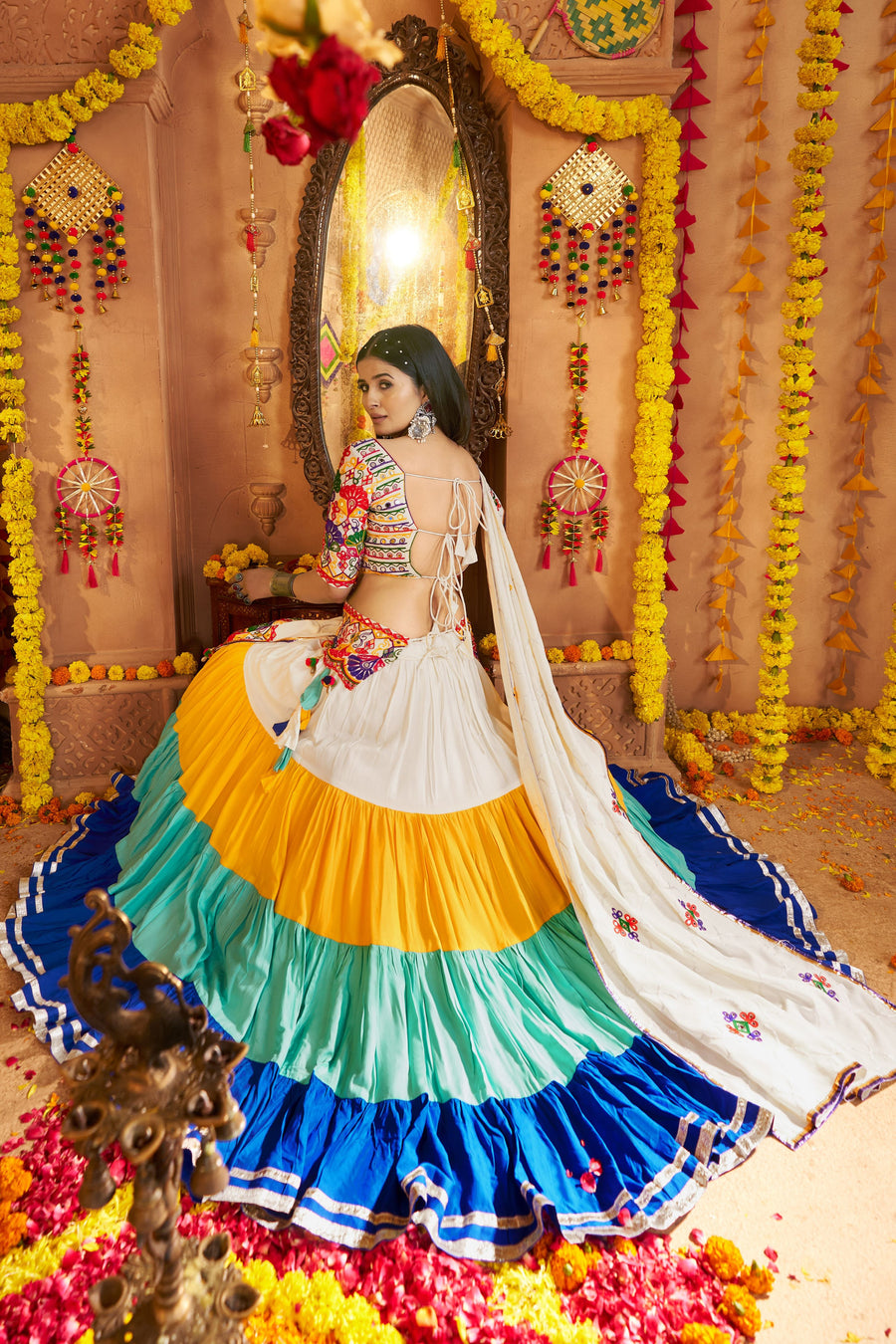 Multicolor Viscose Cotton Chaniya Choli For Navratri Garba Indian Festivals 8 Meter Flair - Real Mirror Work, Thread Embroidery Work