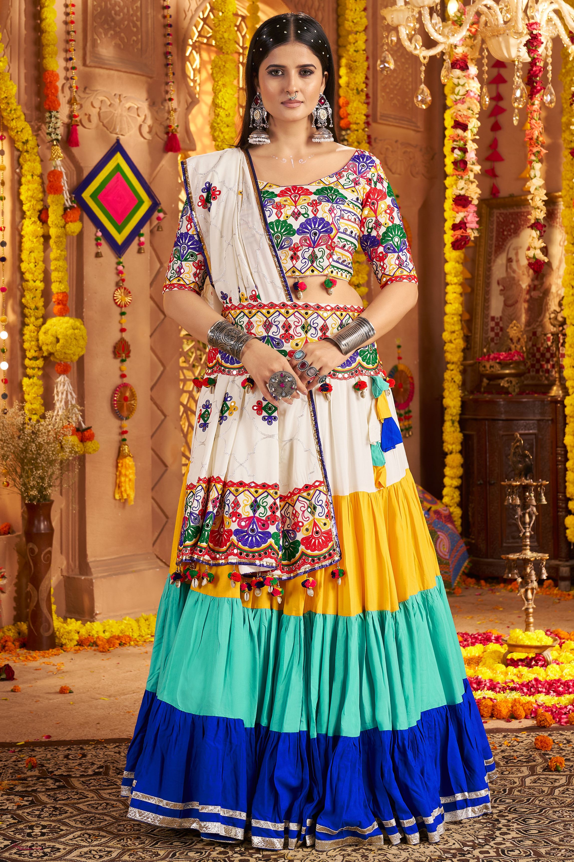 Multicolor Viscose Cotton Chaniya Choli For Navratri Garba Indian Festivals 8 Meter Flair - Real Mirror Work, Thread Embroidery Work