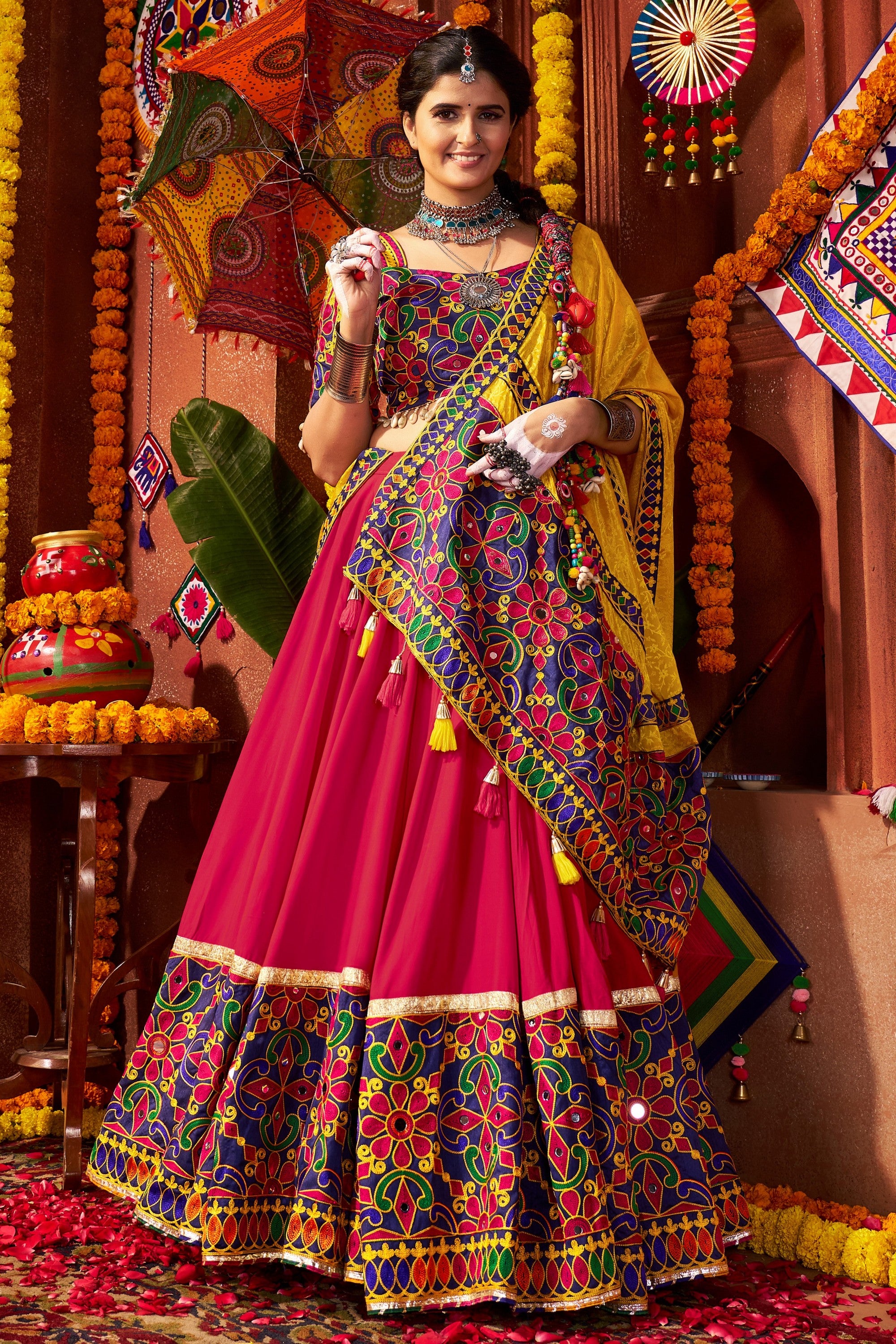 Multicolor Viscose Cotton Garba Chaniya Choli For Navratri Indian Festival 9 Meter Flair - Thread Embroidery Work, Real Mirror Work